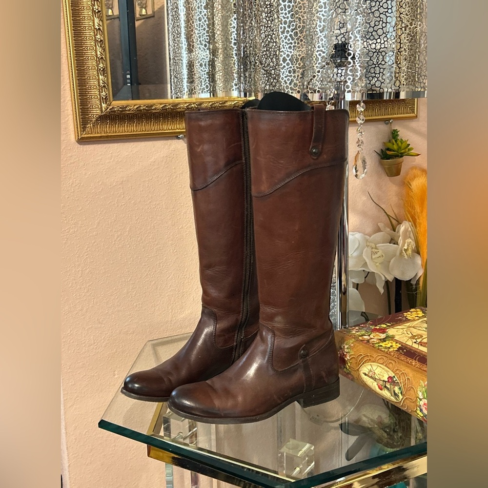 Frye Cognac Brown Red Melissa Tab Tall Redwood Leather Knee-High Boots Size 8